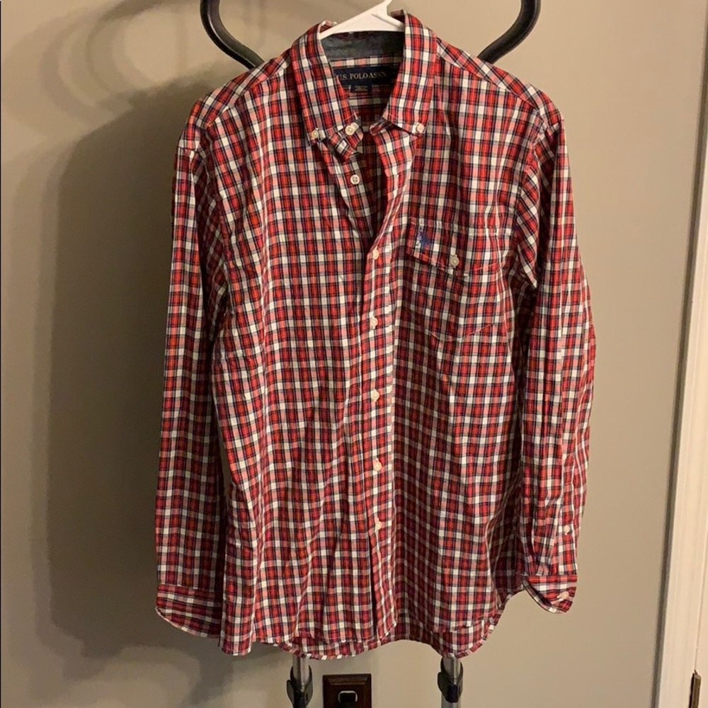 Plaid red and white U.S POO ASSN dress shirt